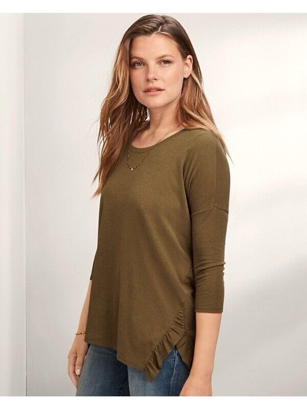 Garnet Hill Boxy Ruffle Blouse Oversized Olive Green Lagenlook Earthy Size S